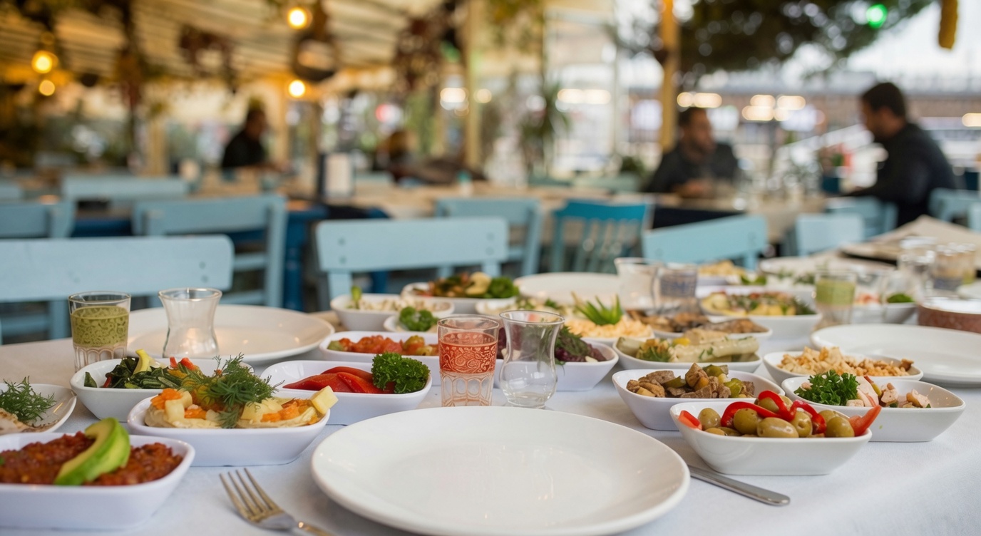 Rengârenk meze tabakları ve rakı bardaklarıyla kurulmuş sofra
