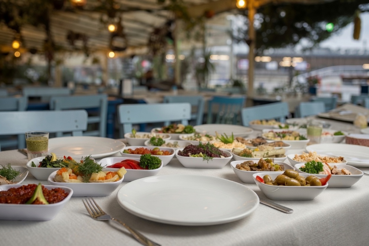 Deniz kenarında beyaz kâselerde kurulmuş uzun meze sofrası